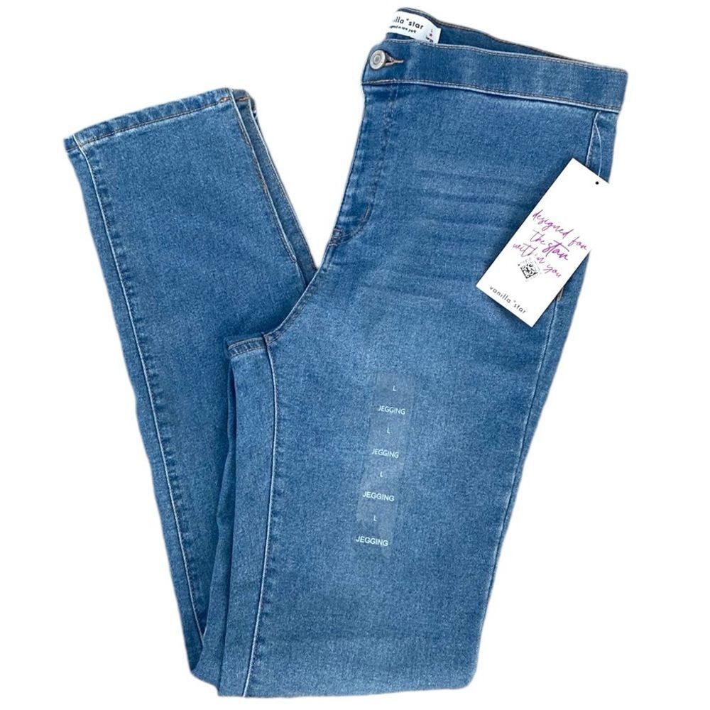 Vanilla Star Bartlett Junior Blue Washed Split Hem Skinny Jeggings Sz L-29” NWT
